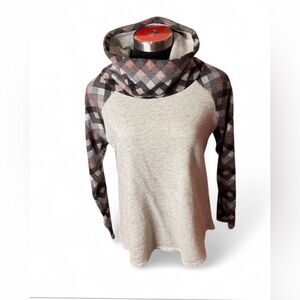 WONDERLAND Cowl Neck Plaid Sweater in Cream and Brown